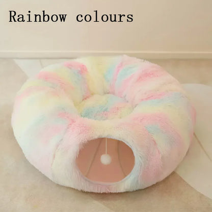 🐾 2-in-1 Plush Donut Cat Bed & Tunnel | Multifunctional Warm Pet Nest