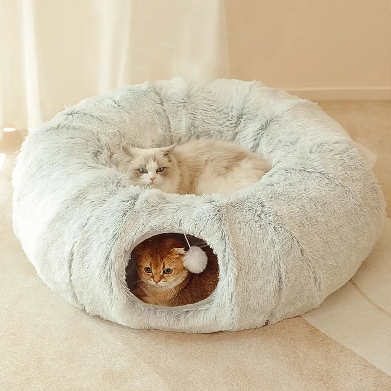 🐾 2-in-1 Plush Donut Cat Bed & Tunnel | Multifunctional Warm Pet Nest