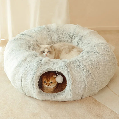 🐾 2-in-1 Plush Donut Cat Bed & Tunnel | Multifunctional Warm Pet Nest