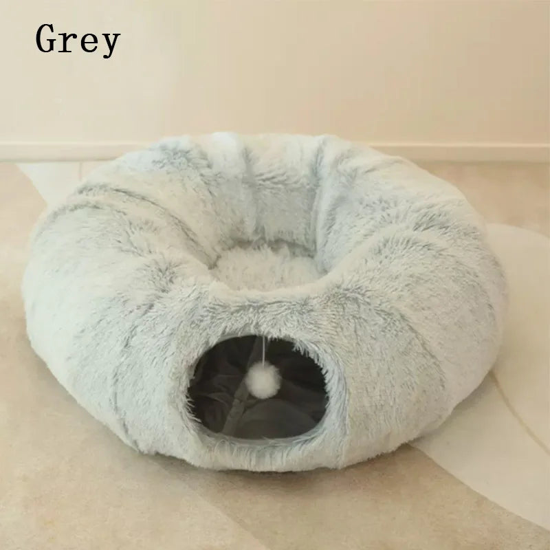 🐾 2-in-1 Plush Donut Cat Bed & Tunnel | Multifunctional Warm Pet Nest