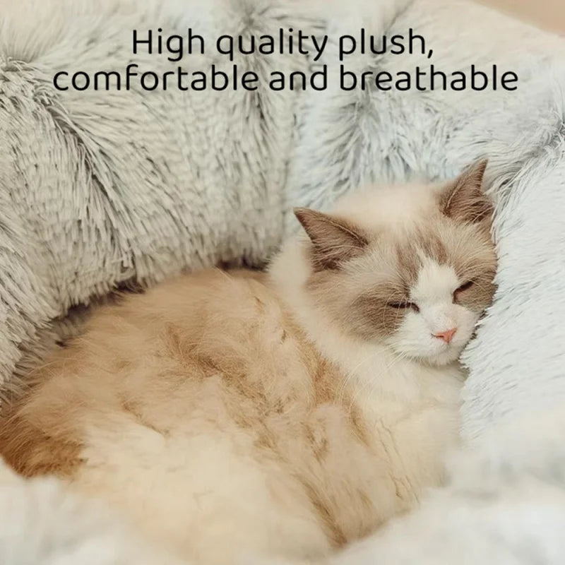 🐾 2-in-1 Plush Donut Cat Bed & Tunnel | Multifunctional Warm Pet Nest