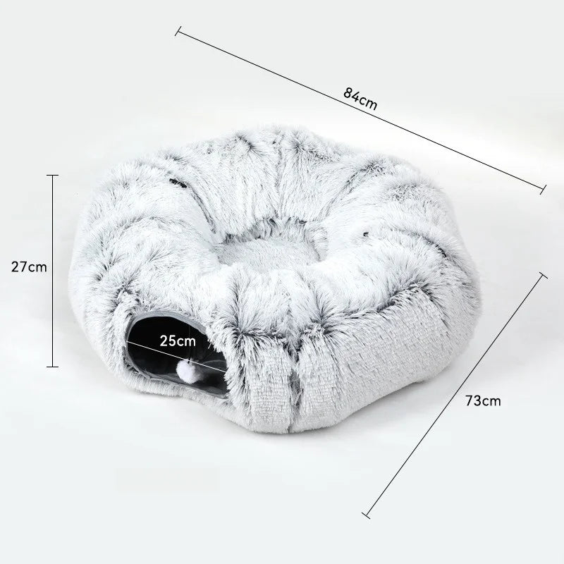 🐾 2-in-1 Plush Donut Cat Bed & Tunnel | Multifunctional Warm Pet Nest