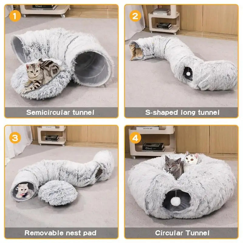 🐾 2-in-1 Plush Donut Cat Bed & Tunnel | Multifunctional Warm Pet Nest