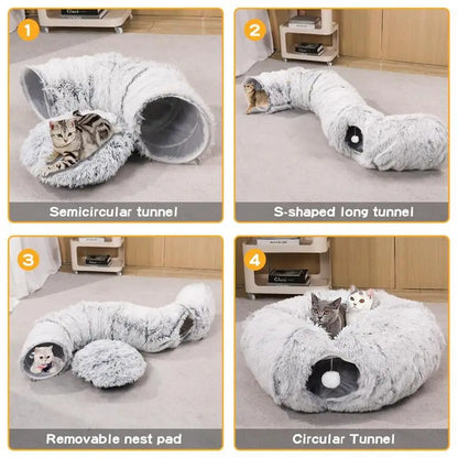 🐾 2-in-1 Plush Donut Cat Bed & Tunnel | Multifunctional Warm Pet Nest