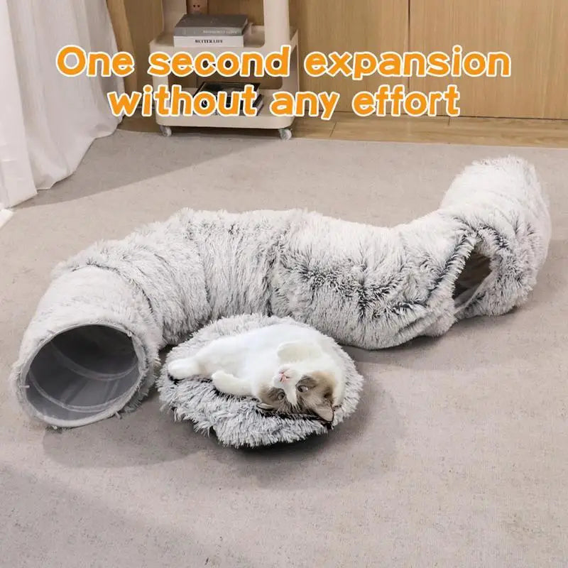 🐾 2-in-1 Plush Donut Cat Bed & Tunnel | Multifunctional Warm Pet Nest